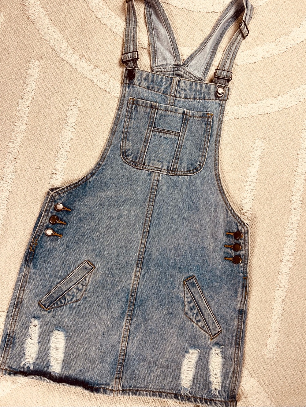 Light Wash Denim Overall Dress – Distressed Raw Hem – Size S/XS